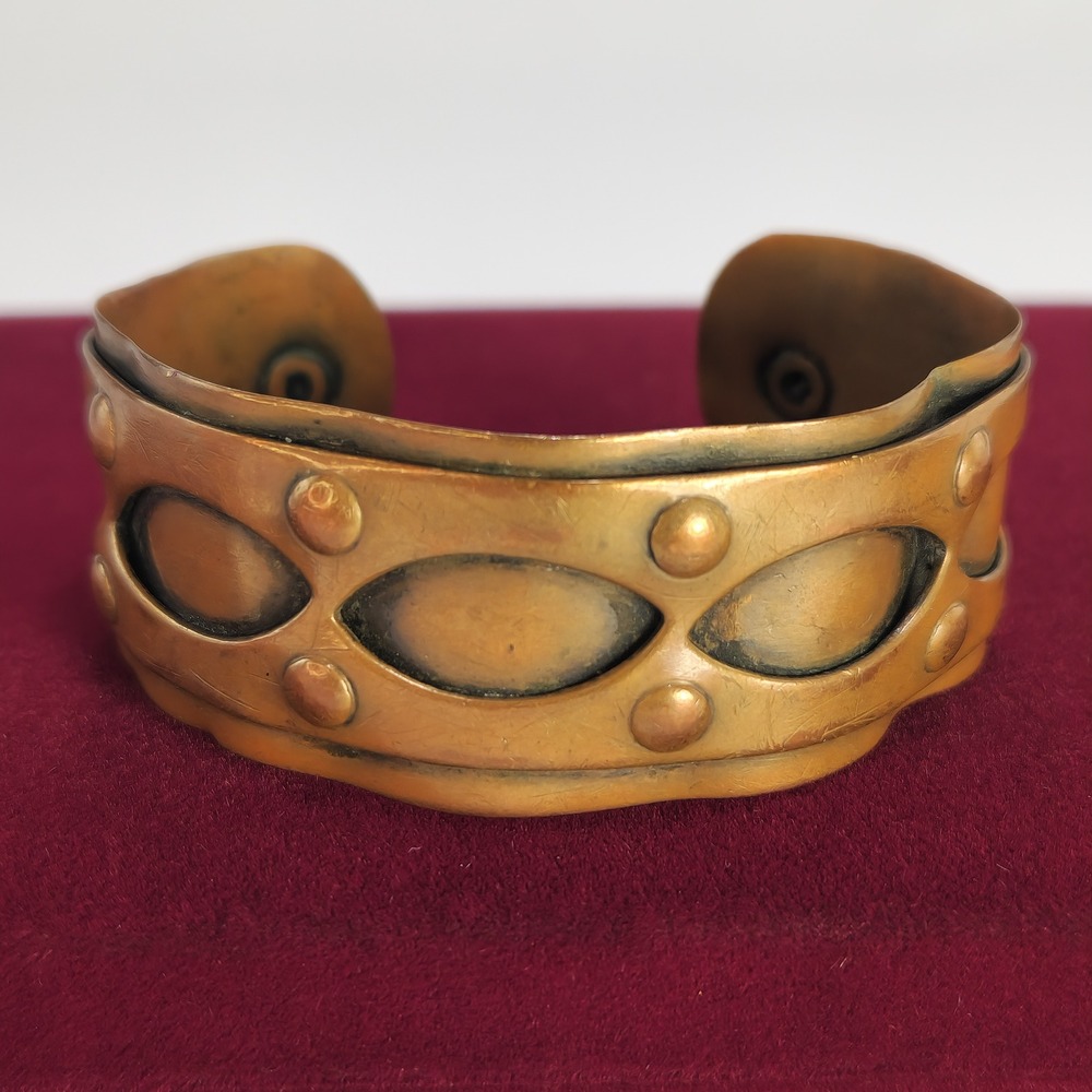Copper Riveted Cuff Bracelet Wide Modernist Geometric Marquise Design